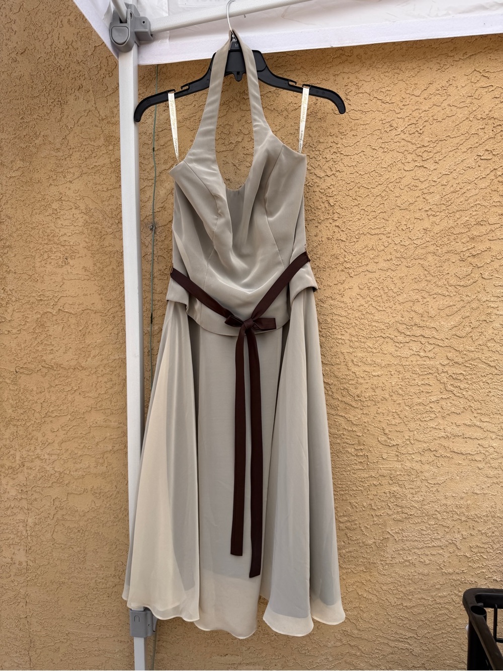 chic Cream One-Shoulder Halter Dress with Brown Waist Tie
